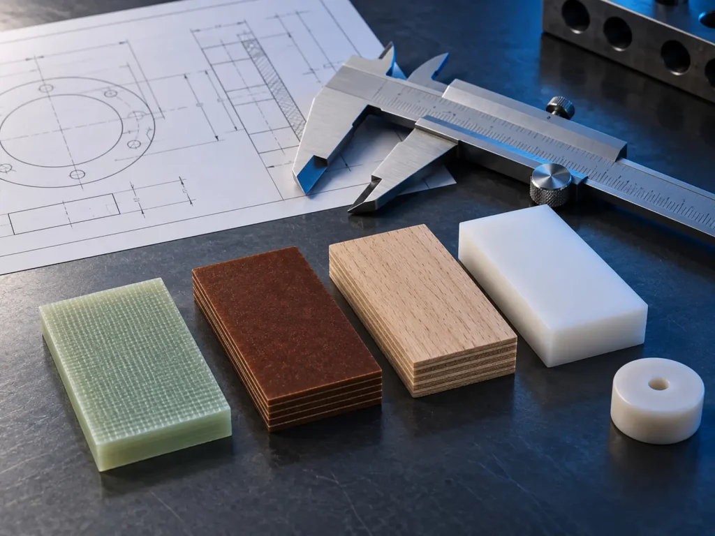 Campioni di materiali isolanti accanto a un disegno tecnico e a un calibro